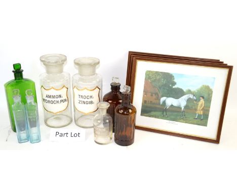 A group of glass apothecary jars, bottles and measures, together with a barometer, four horse prints and other items. (qty) 