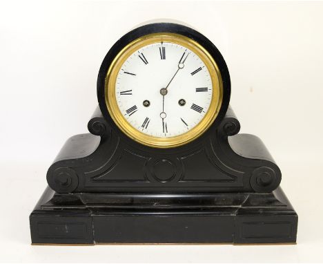 Black marble Victorian mantle clock with a white painted 14cm dia dial with Roman numerals.  The movement is French by G&amp;