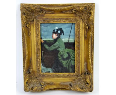 19th century style portrait of a lady in a green dress, oil on board, monogrammed JR,  17cm x 10cm 