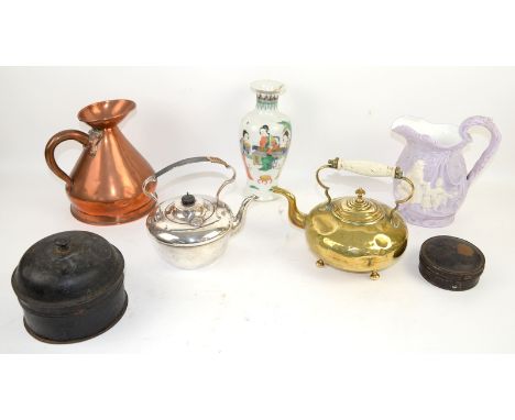 Victorian moulded jug, Chinese baluster vase  brass tea pot, silver plated tea pot, two 19th century spice tins, copper jug, 