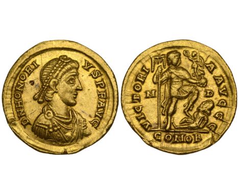 Honorius (393-423), solidus, Milan, similar to the last, 4.45g (RIC X, 1206; C. 44), light graffiti, almost extremely fine