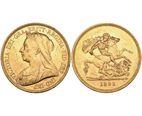 Victoria, old head, five-pounds, 1893, light bagmarks and a scuff before the Queen’s face, good extremely fine