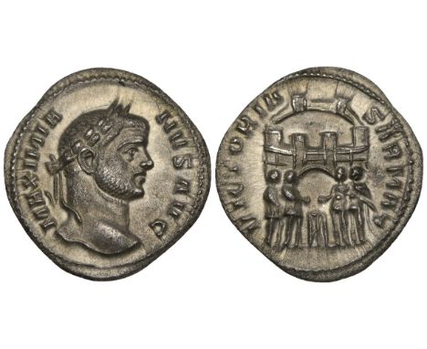 Maximian (first reign, 286-305), argenteus, Ticinum, 294-5, laureate head right, rev., victoria sarmat, four emperors at camp