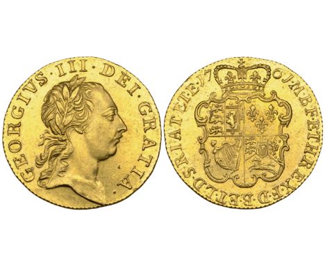 George III, guinea, 1761, first laureate head right, two leaves at top of wreath, rev crowned shield of arms (S. 3725), light