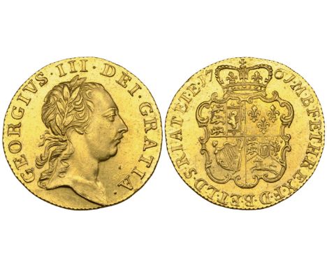 George III, guinea, 1761, first laureate head right, two leaves at top of wreath, rev crowned shield of arms (S. 3725), light