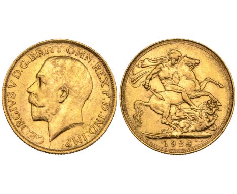 George V, sovereign, 1924 S, Sydney mint (M. 284; S. 3997), also with light wear, from the same obverse die as the last but f