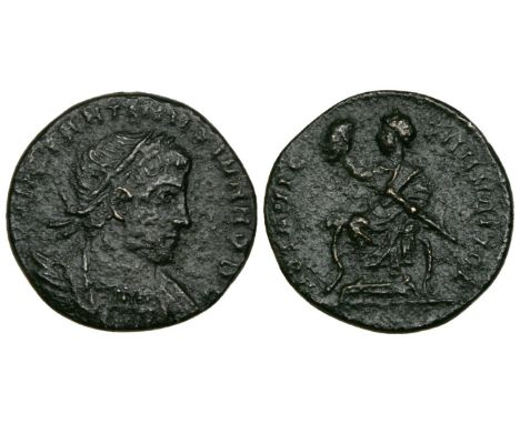 Constantine II as Caesar, Æ 4, laureate bust right, rev., Constantine I seated – an issue for the vicennalia of Constantine t