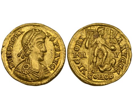 Honorius (393-423), solidus, Ravenna, 402/6, diademed, draped and cuirassed bust right, rev., Emperor standing right holding 