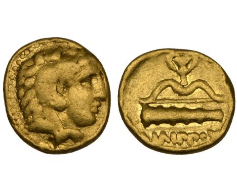 Kings of Macedon, Philip II (359-336 BC), gold quarter-stater, Pella, head of Heracles, rev., bow on club; cantharus above, 2