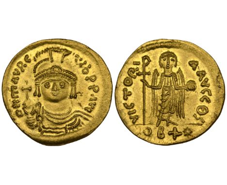 Maurice Tiberius (582-602), light weight solidus of 21 siliquae, facing bust, rev., angel; legend ends ?S; in ex., OB+*, 4.07