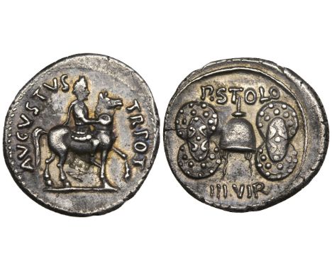 Augustus (27 BC- AD 14), denarius, Rome, moneyer P. Licinius Stolo, c. 17 BC, Augustus on horseback right, rev., helmet betwe