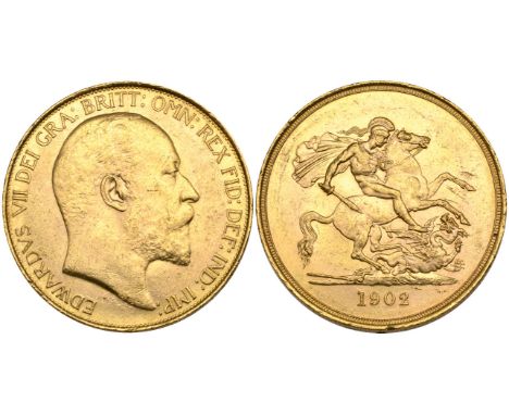Edward VII, Coronation, 1902, five-pounds (S. 3965), light bagmarks and tiny rim nicks, otherwise better than extremely fine