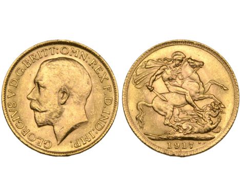 George V, sovereign, 1917, London mint (M. 219; S. 3996), light bagmarks, with tiny nicks and small scratches to neck and tru