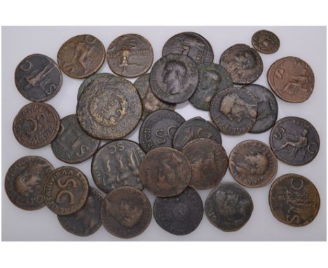 Augustus, sestertius (1) and asses (8); Livia, dupondii (3); Tiberius, asses (2); Agrippa, asses (4); Caligula, asses (5), qu