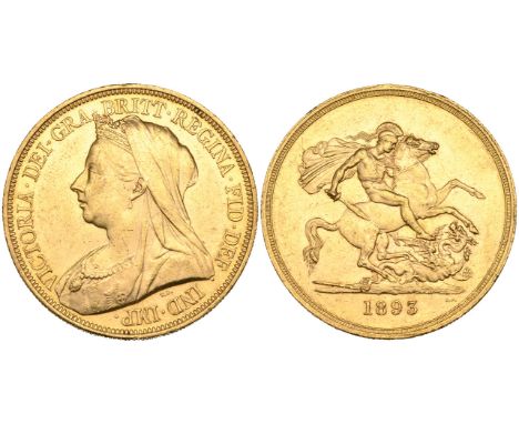 Victoria, old head, five-pounds, 1893, light bagmarks, extremely fine or better