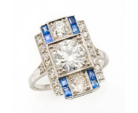 Diamant-Saphir-Ring, Art Déco um 1920-1925.Platin, mittig besetzt m. 1 gr. Altschliff-Diamant v. ca. 1,60 ct (Farbe leicht ge
