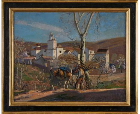 Gemälde Rudolf Gudden1863 Werneck - 1935 München "Spanische Landschaft mit Figuren- und Architekturstaffage" u. re. sign. R. 
