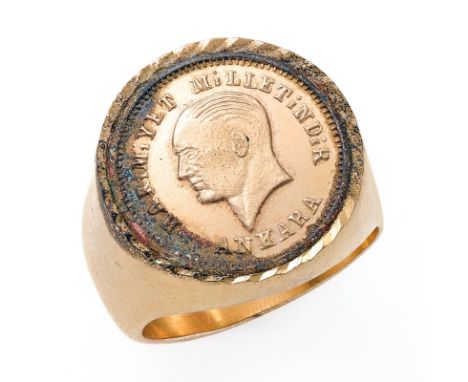 Gr. Münz-Ring, wohl 2. Hälfte 20. Jh.14 kt GG-Fassung u. -Ringschiene. Münze: 100 Piaster, 1943-1981, 916er GG, m. Profilbüst