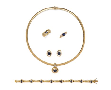 7-tlg. Konvolut Saphir-Schmuck.14/18 kt GG/WG, insg. besetzt m. 13 oval facettierten Saphiren in versch. Größen, 6 kl. Brilla