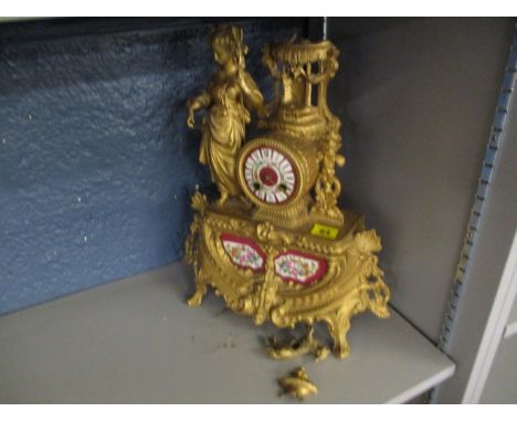 A late 19th century French gilt spelter mantle clock, 16" h x 13 1/2" w, A/F 