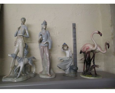 Three ceramic figures to include a Nao girl looking out to sea, together with an Austrian model group of flamingos 