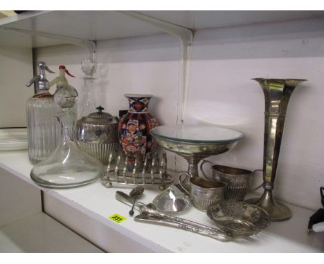 A mixed lot to include a Japanese Imari vase, silver plated items, a silver handled button hook, decanters, Wedgwood and othe