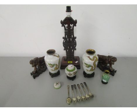 A mixed lot of Oriental items to include a set of six Neillo decorated Thai sterling silver spoons, Chinese cloisonne vases, 