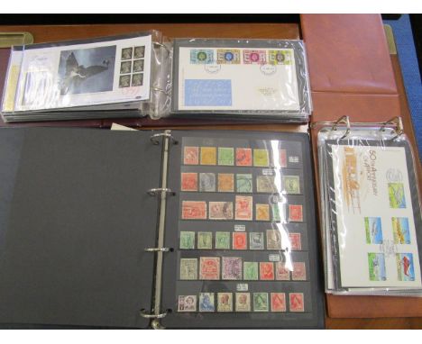 A folder containing various Australian and other stamps to include a 1931 6s OS Air Mail service stamp, along with two folder