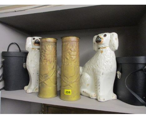 A pair of Trench Art shell case vases, a pair of Staffordshire dogs, A/F, a metal Gothic style ceiling light and a pair of Ge