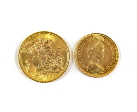 Elizabeth II, Sovereign 1963, light contact marks on portrait EF &amp; half sovereign 1982, lustrous prooflike BU