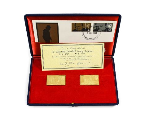 A Set of 2 x Gold Replicas of Stamps Commemorating Sir Winston Churchill; the original commemorative stamps were issued in 19