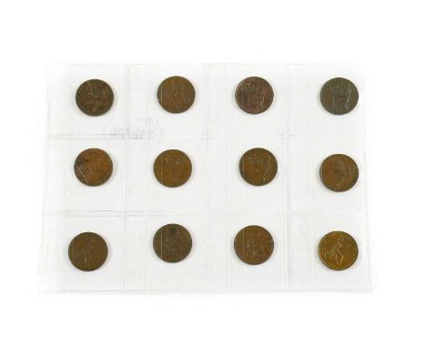 12 x George IV Farthings, to include: First Issue obv. GEORGIUS IIII 1821 Peck 1407, VF; 1822(x2) Peck 1409, obv. leaf ribs r