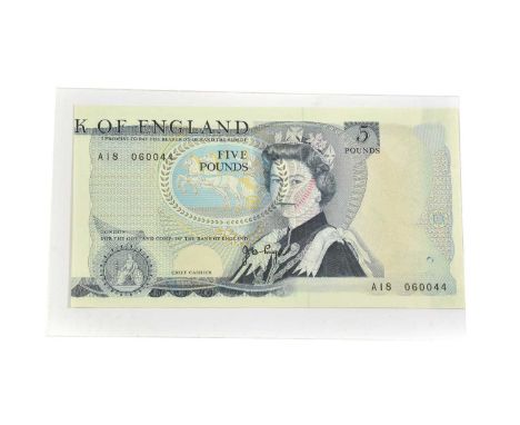 Error Banknote: Bank of England £5, Series D J.B. Page black signature, prefix A18, obv. printing offset to left so that BAN 
