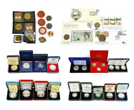 Large Collection of Silver Commemorative Coins, to include: UK 3-coin proof set 1994 'Commemorating the 50th Anniversary of t