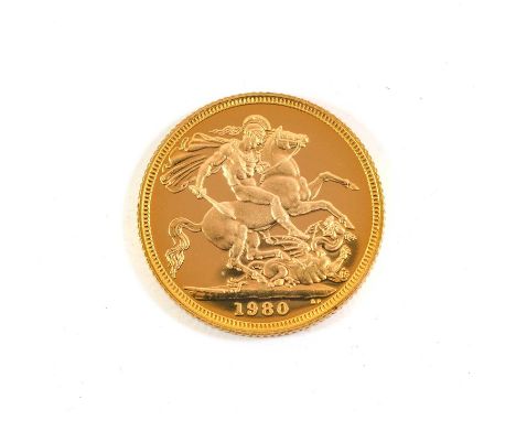 Elizabeth II, Proof Sovereign 1980, Machin portrait of the Queen, Pistrucci rev., with certificate of authenticity, encapsula