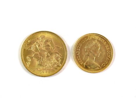 Elizabeth II, Sovereign 1958, light contact marks AEF to EF &amp; half sovereign 1982, lustrous BU.