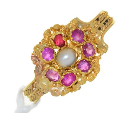 A RUBY, PEARL AND GOLD CANNETILLE RING, MID 19TH C, ON TWISTED WIRE BAND, UNMARKED, 1.8G, SIZE P½ Tiny repair to head