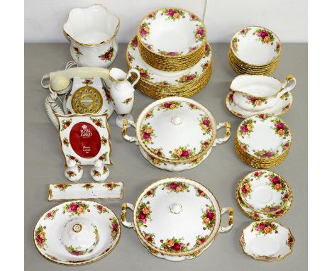 A ROYAL ALBERT OLD COUNTRY ROSES PATTERN DINNER SERVICE, TRINKET WARE AND A TABLE TELEPHONE EN SUITE, PRINTED MARK Although n