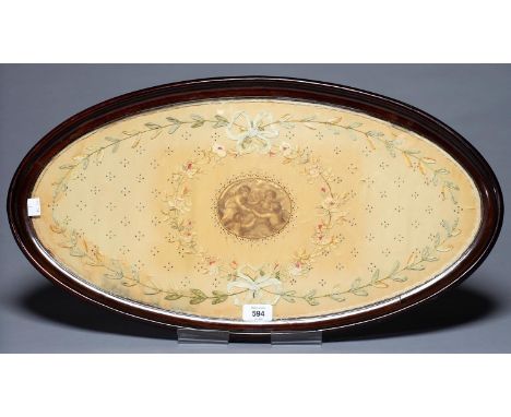 AN EDWARDIAN GLAZED MAHOGANY TEA TRAY, C1910, CONTAINING A CONTEMPOARY NEO CLASSICAL STYLE EMBROIDERED SILK PANEL OF FLOWERS 