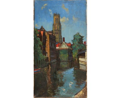GEOFFREY ROBERT RUSSELL (1902-1986) - CAMBRIDGE, SIGNED AND INSCRIBED VERSO, OIL ON CANVAS, 66 X 35.5CM, UNFRAMED Requires a 