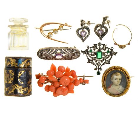 A VICTORIAN CORAL BROOCH, A 19TH C PORTRAIT MINIATURE OF A CHILD SET IN A GILTMETAL BROOCH, A DAMAGED VICTORIAN GOLD AND GEM 