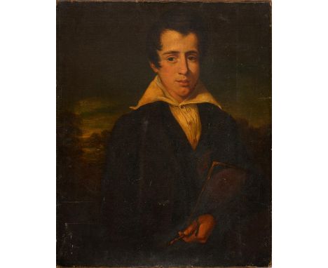 BRITISH SCHOOL, EARLY 19TH C – PORTRAIT OF A YOUNG ARTIST, HALF-LENGTH, IN A LANDSCAPE, INSCRIBED ON AN OLD FRAGMENTARY LABEL