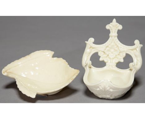 A ROYAL WORCESTER GLAZED PARIAN WATCH STAND OR SIMILAR, 1884, 9CM H, PRINTED MARK AND A ROYAL WORCESTER LEAF SHAPED DISH (2) 