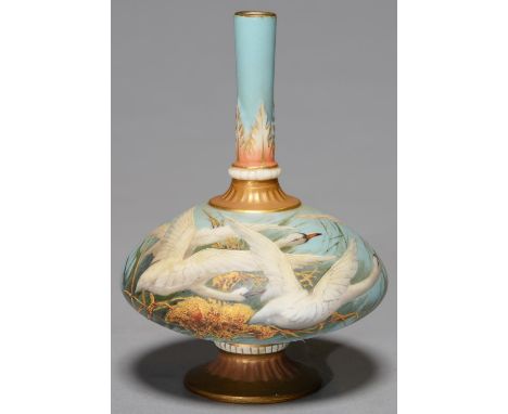 A ROYAL WORCESTER VASE, 1905, PAINTED BY C H BALDWYN, SIGNED, WITH SWANS AND RAISED GILDING ON A SKY BLUE GROUND BETWEEN BRON