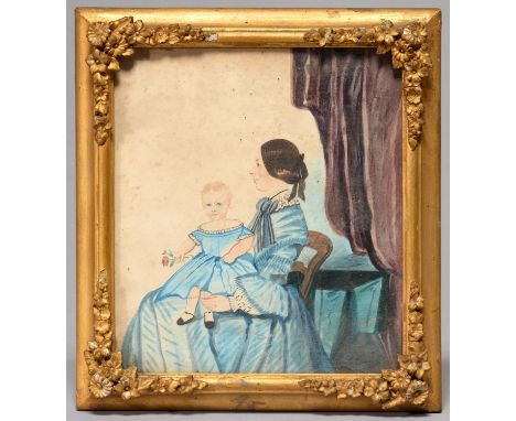 BRITISH NAIVE ARTIST, MID 19TH C, DOUBLE PORTRAIT OF A YOUNG WOMAN WITH A CHILD ON HER LAP BEFORE DRAPERY, INK AND WATERCOLOU