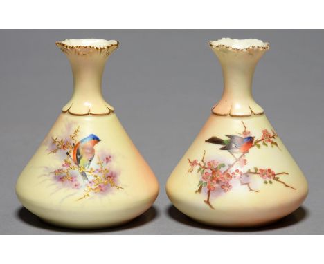 TWO LOCKE &amp; CO WORCESTER PEAR SHAPED VASES, C1902-14, ONE PAINTED AND THE OTHER PRINTED AND PAINTED WITH A BIRD ON A BRAN