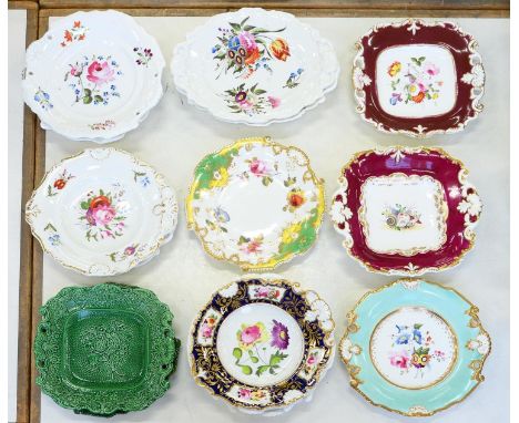 A NEW HALL 'DROPPED SHELL' MOULDED COBALT GROUND DESSERT DISH, C1820, PAINTED WITH FLOWERS, BORDER PANELS AND RICHLY GILT, 24