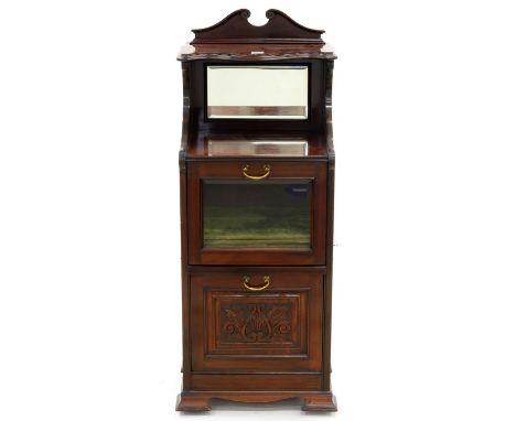 A LATE VICTORIAN MAHOGANY MIRROR BACKED MUSIC CABINET, ON BRASS CASTORS, 122CM H; 46 X 39CM Chips and losses to brack feet, b