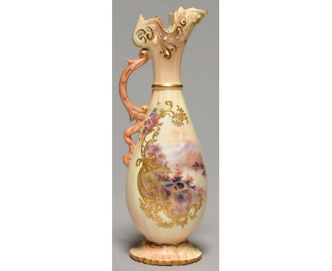 A LOCKE &amp; CO WORCESTER RETICULATED EWER, C1902-14, PAINTED WITH A MOUNTAINOUS LANDSCAPE ON A SHADED APRICOT GROUND, 22CM 