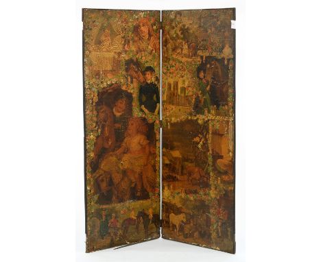 A VICTORIAN BI-FOLD SCRAPWORK SCREEN, ONE SIDE OF ONE PANEL RE-DECORATED LATER, 168CM H; 124CM W AND A CONTEMPORARY OAK TWO D